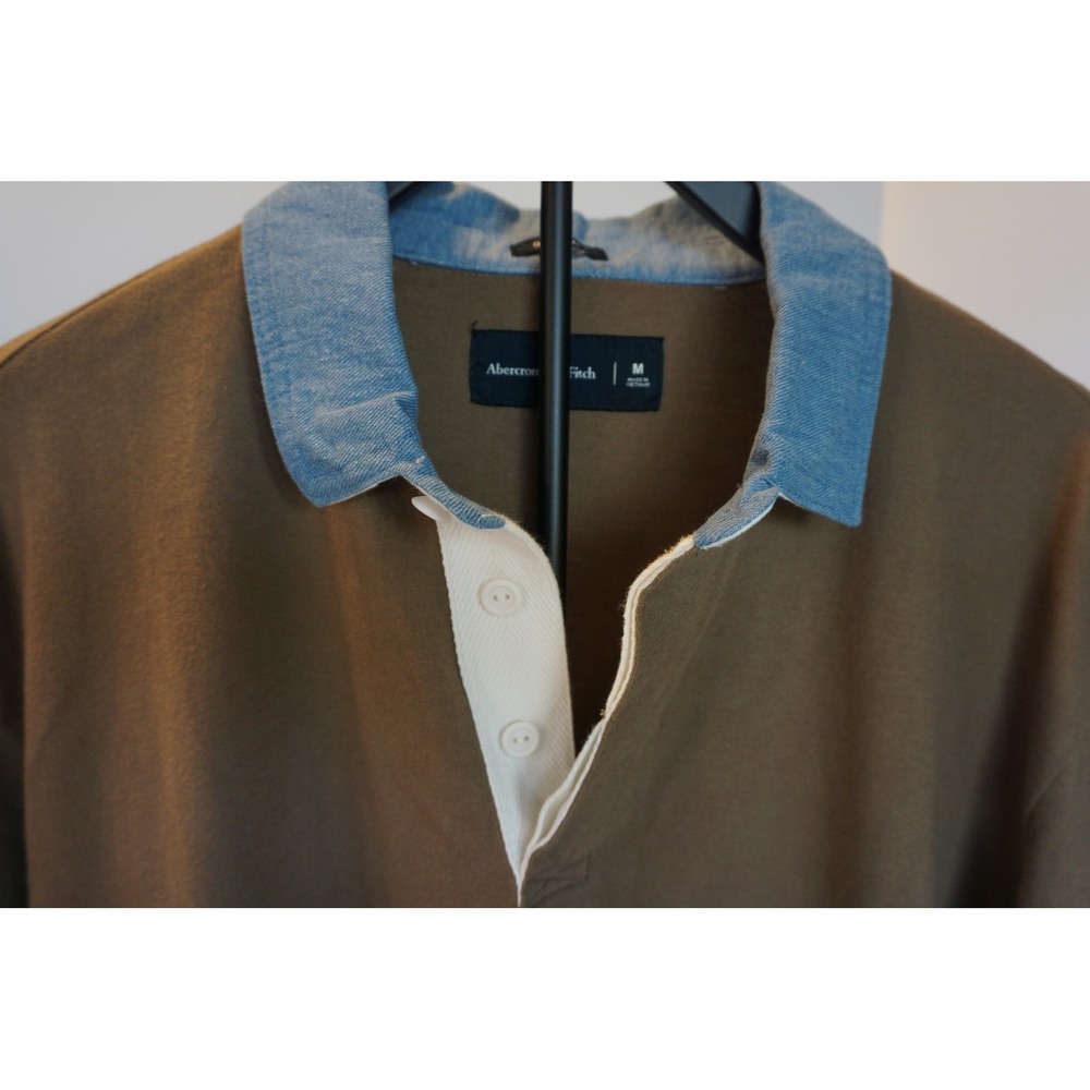 Abercrombie & Fitch Mens Oversized Rugby Shirt Brown Denim Collar Long Sleeve M - Picture 2 of 9